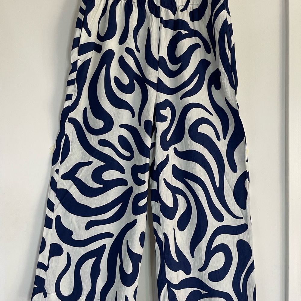 Mango Navy and White Wide Leg Pants